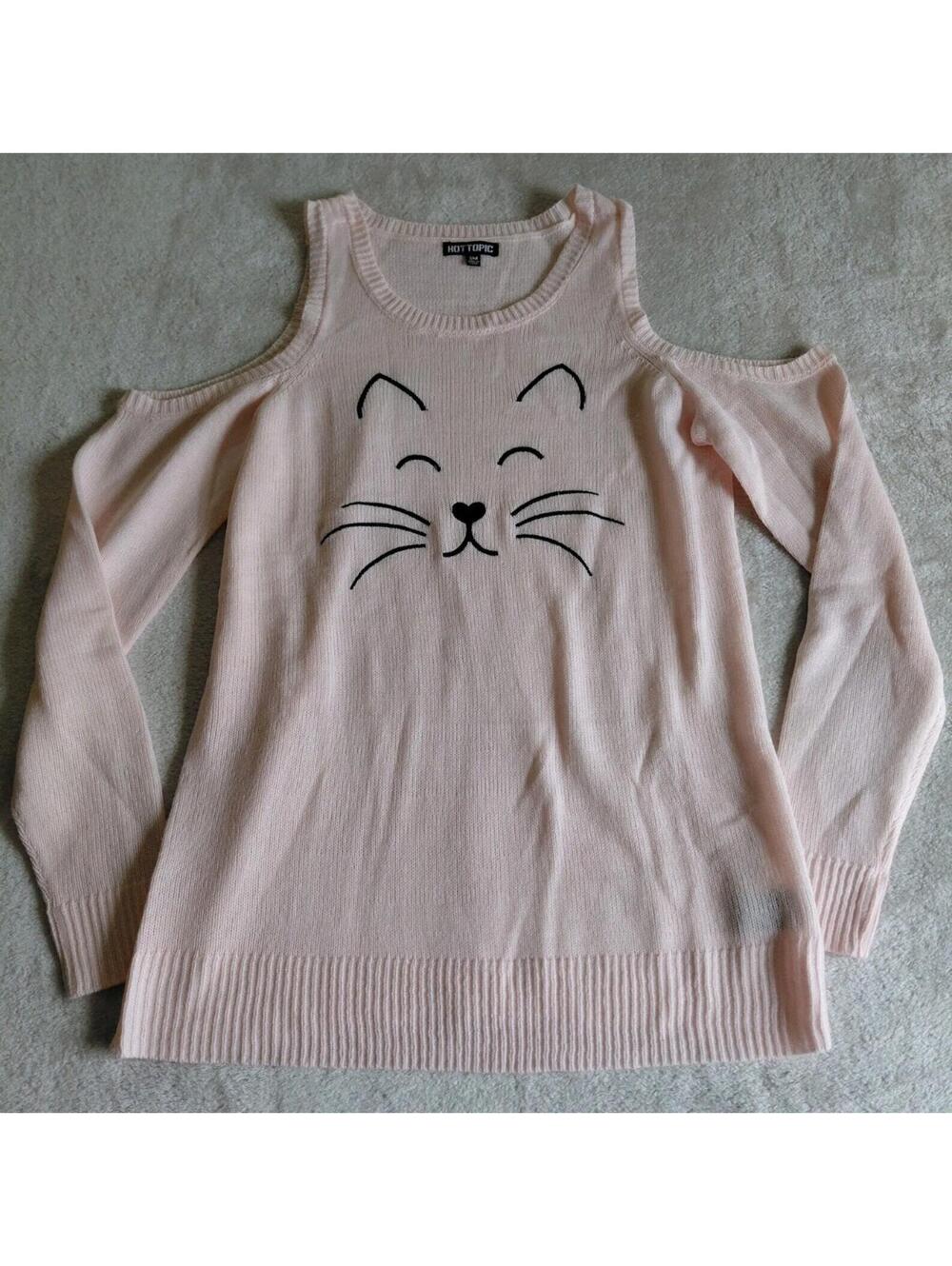 Hot Topic Womens Cat Sweater Top Small Pink Open Shoulder Cute Lightweight